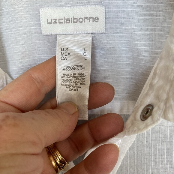 LIZ CLAIBORNE Pearl Snap-Closure Sheer 3/4 Sleeve White Cotton Shirt Large - Picture 2 of 11